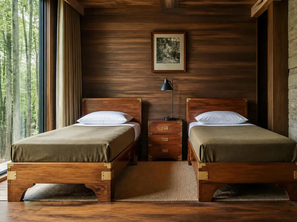 Almora twin campaign beds in solid teak with brass fittings