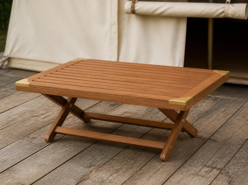 Bandipur folding coffee table in solid teak with brass fittings