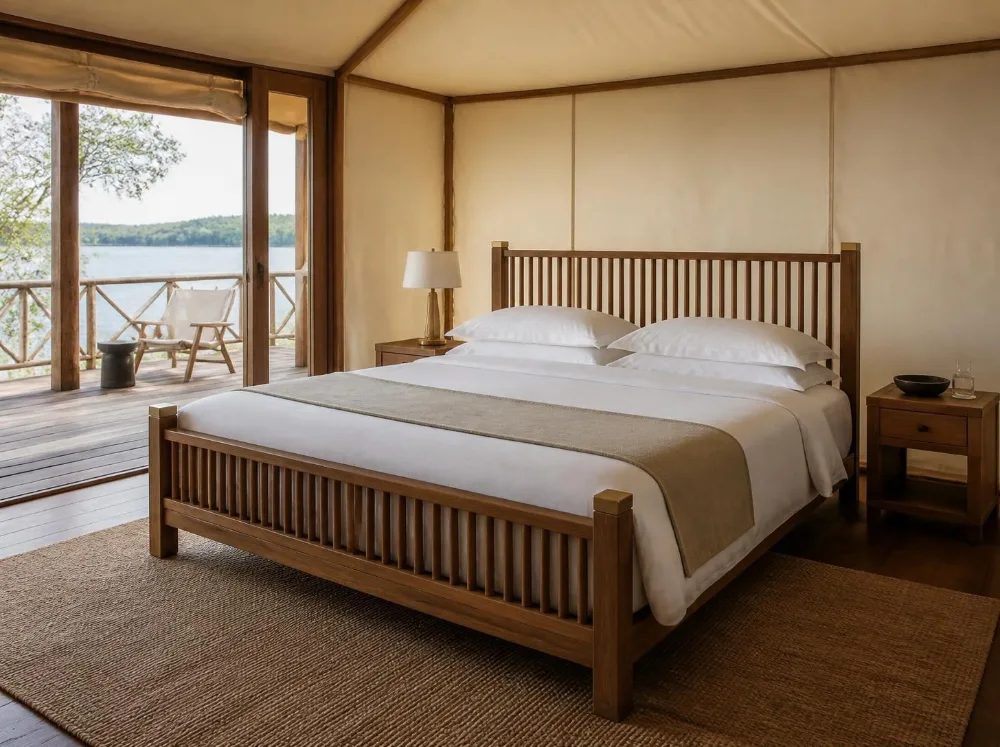 Bikaner spindle bed in solid teak with brass fittings
