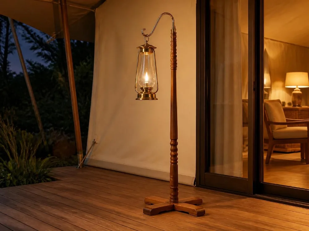 Bir lantern stand in solid teak with brass fittings