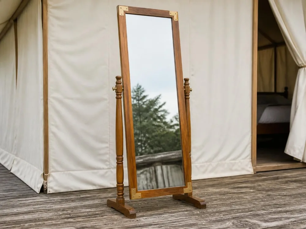 Bundi standing mirror in solid teak with brass fittings