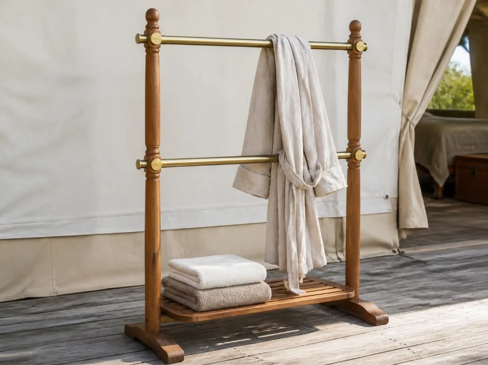 Chambal clothes & towel rail in solid teak with brass fittings