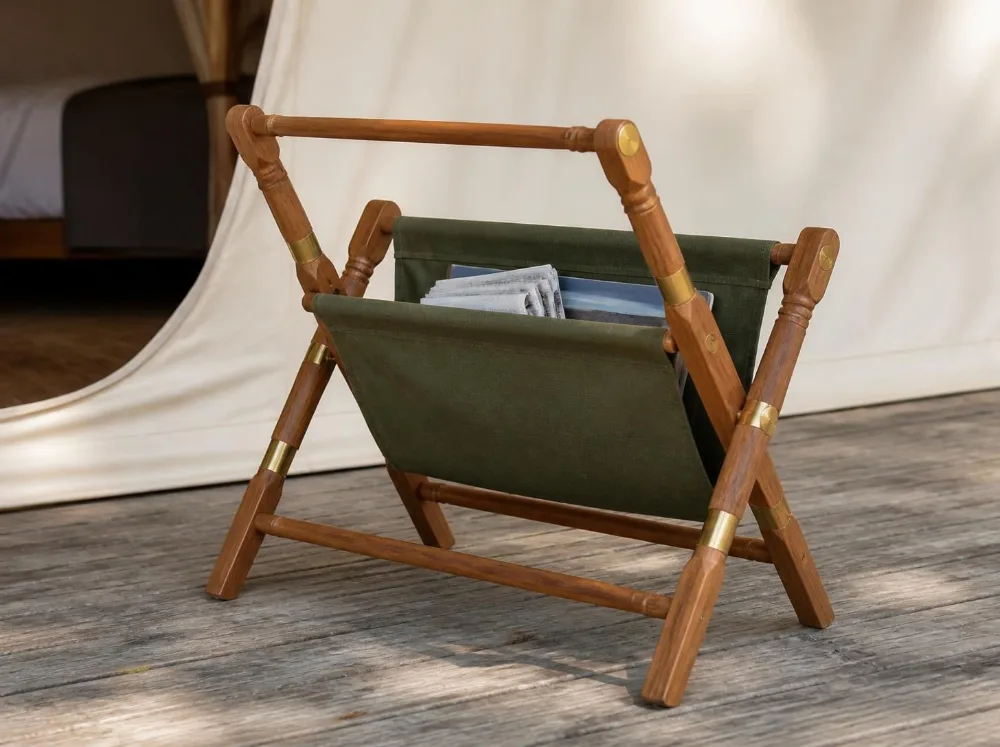 Chilika magazine rack in solid teak with brass fittings