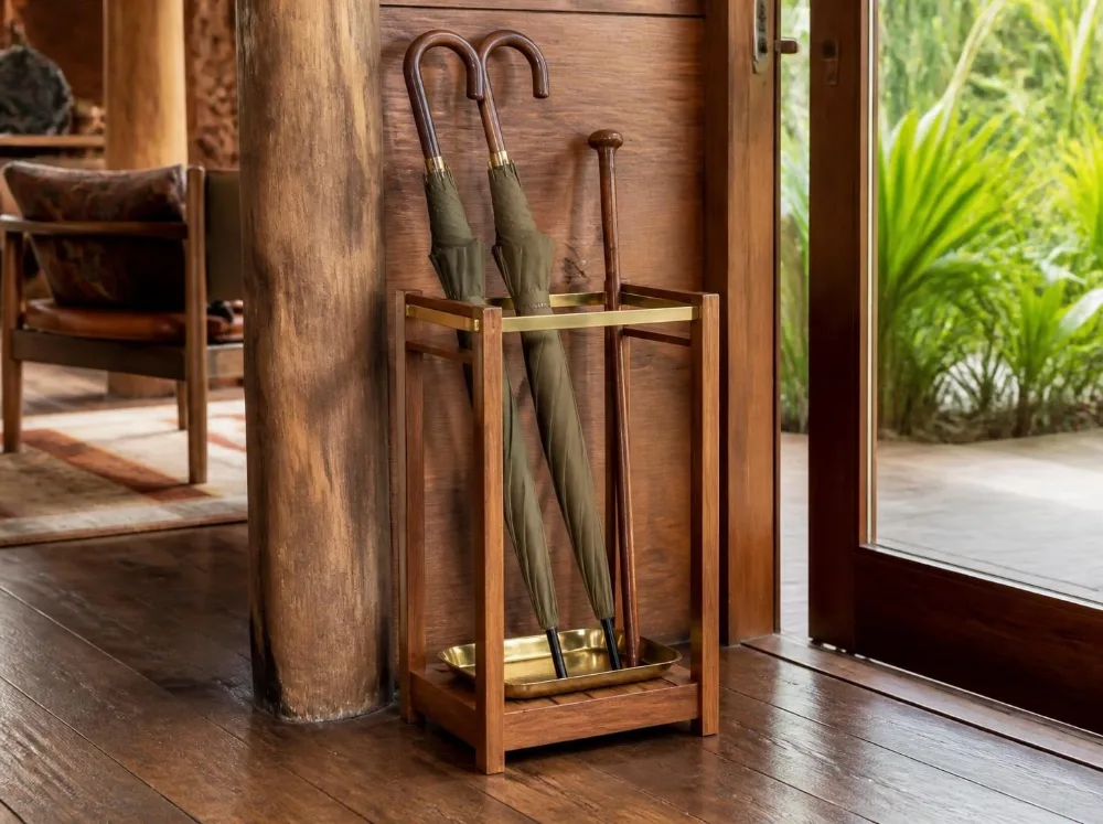 Chitkul umbrella stand in solid teak with brass fittings