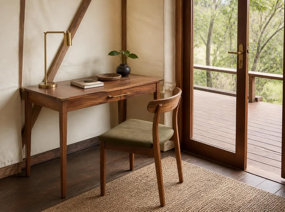 Dalhousie writing table & chair in solid teak with brass fittings