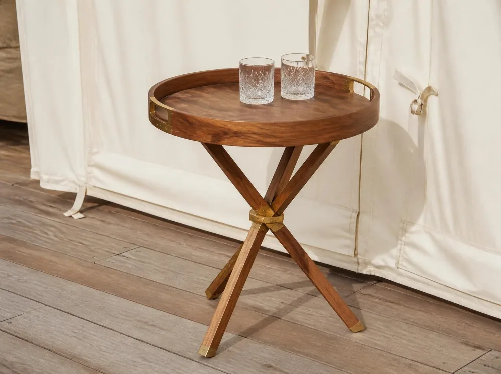 Darjeeling drinks table in solid teak with brass fittings