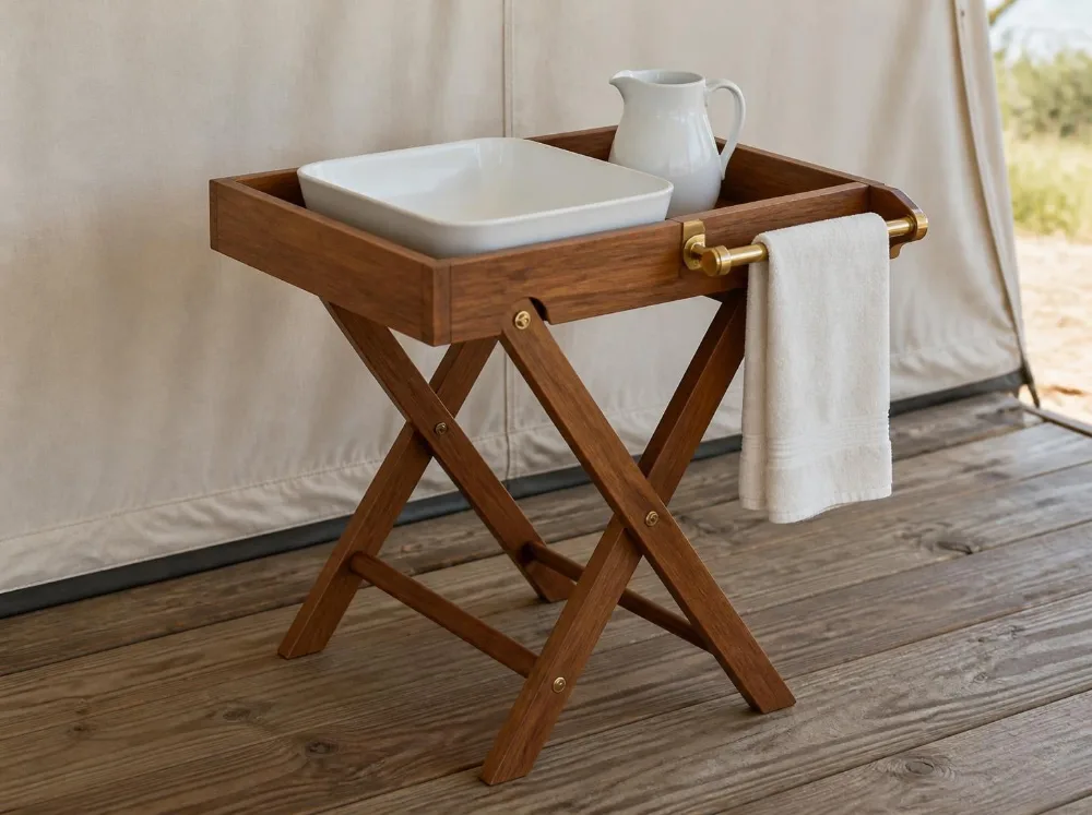 Dholavira folding washstand in solid teak with brass fittings
