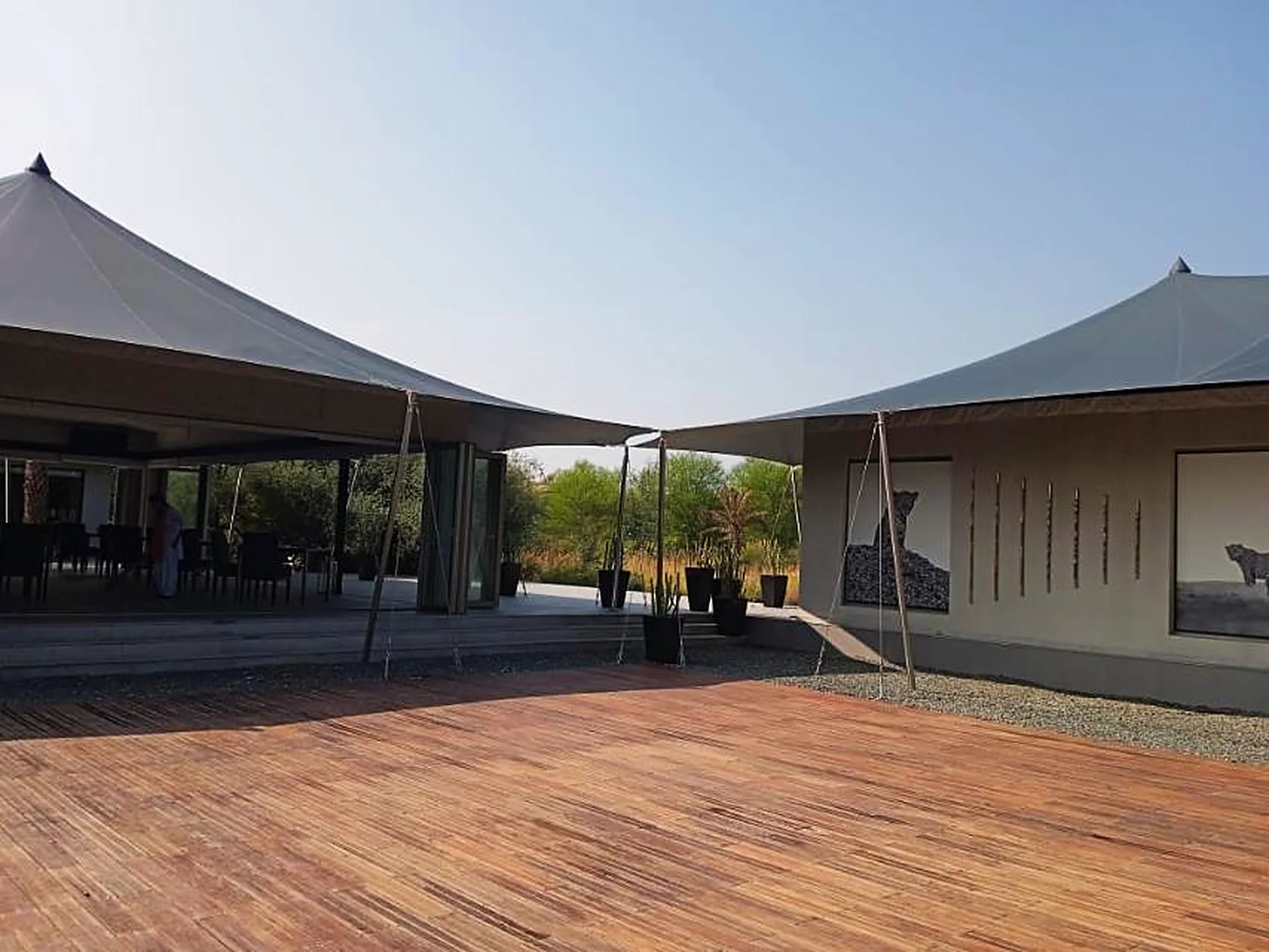 A large thermo wood deck between two tensile tented pavilions at a resort