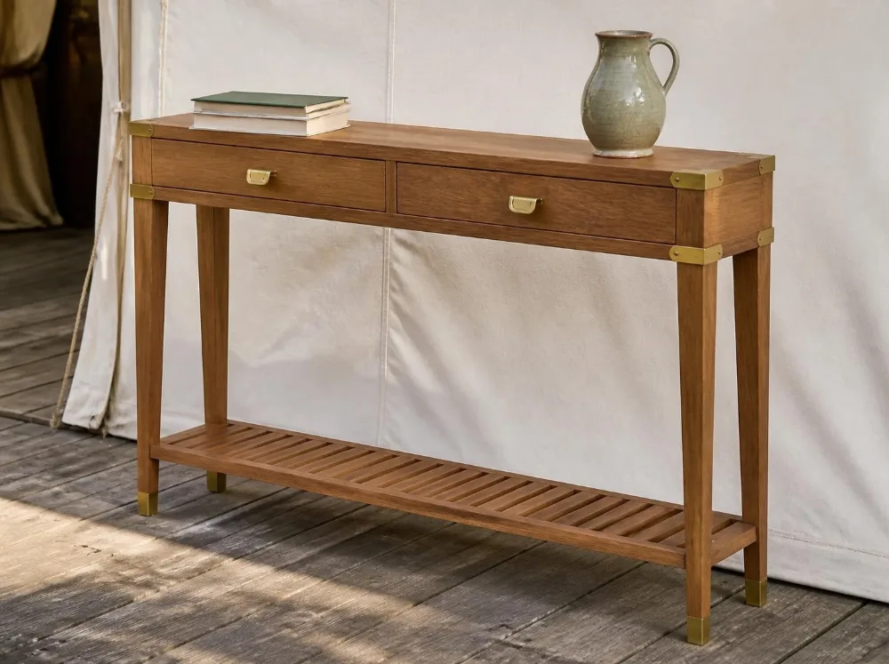 Gir console table in solid teak with brass fittings
