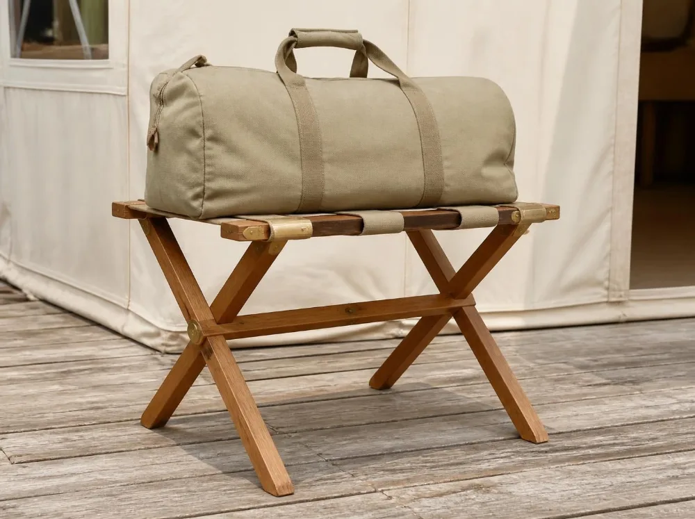 Hampi luggage rack in solid teak with brass fittings