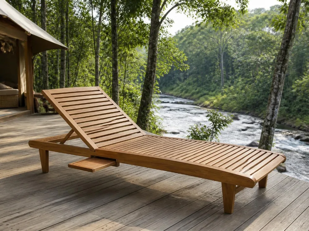 Havelock slatted teak lounger in solid teak with brass fittings