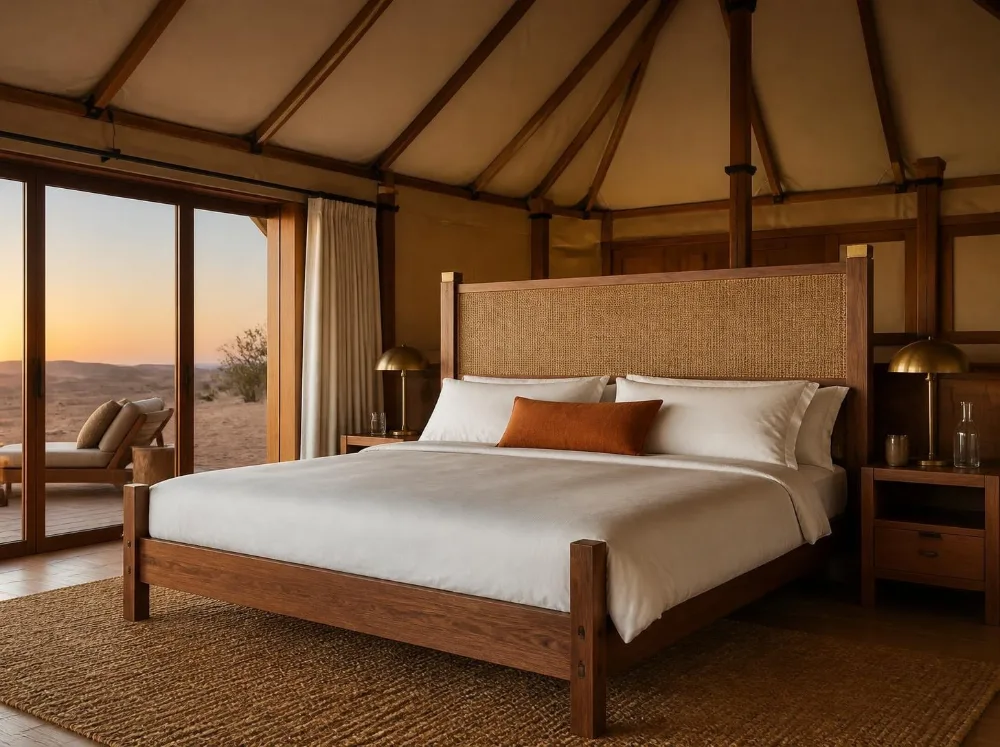 Jodhpur cane headboard bed in solid teak with brass fittings