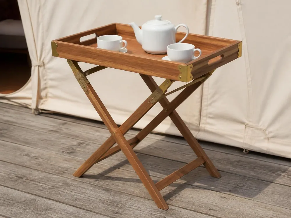 Kanha butler's tray table in solid teak with brass fittings