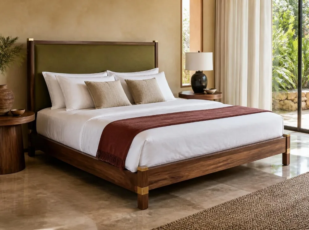 Kasauli canvas headboard bed in solid teak with brass fittings