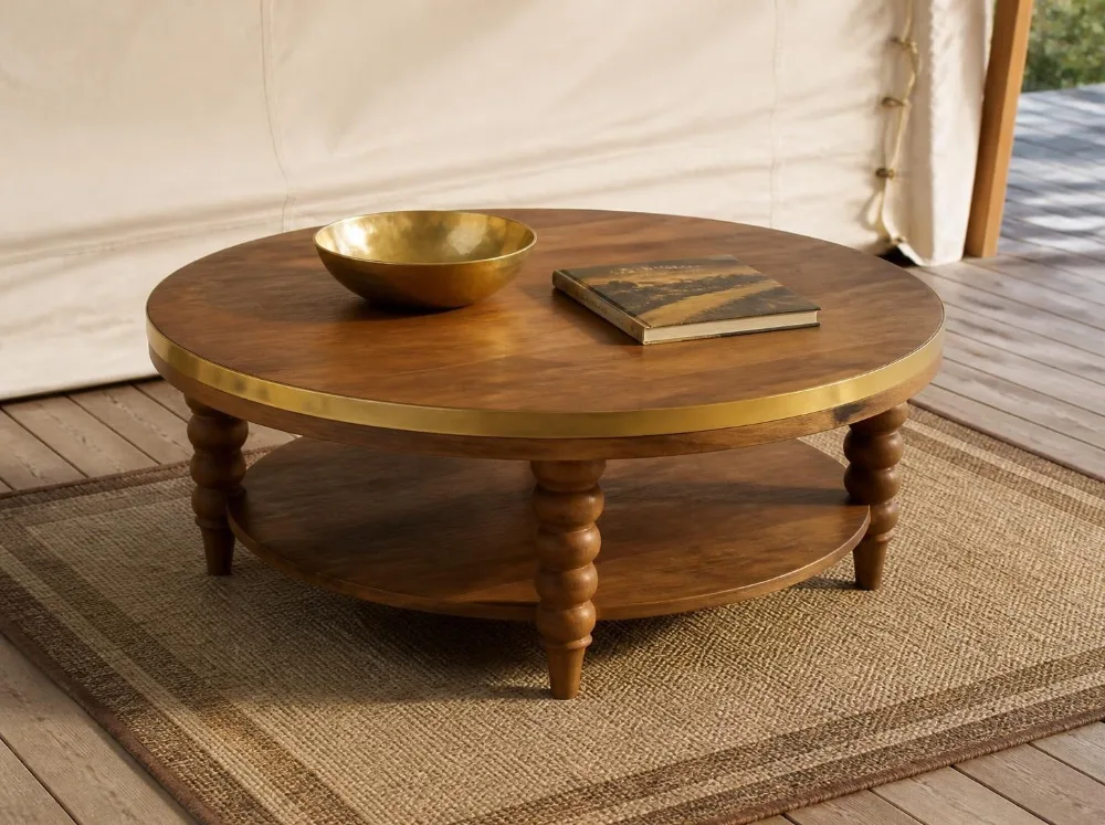 Keoladeo round coffee table in solid teak with brass fittings