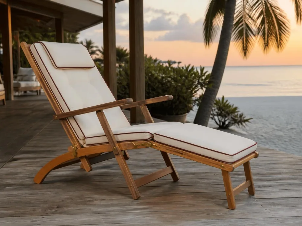 Kovalam steamer deck chair in solid teak with brass fittings