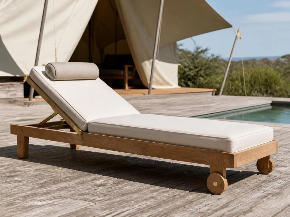 Kumarakom sun lounger in solid teak with brass fittings