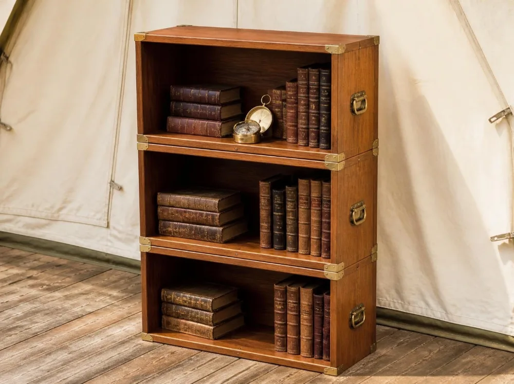 Malabar stacking bookcase in solid teak with brass fittings