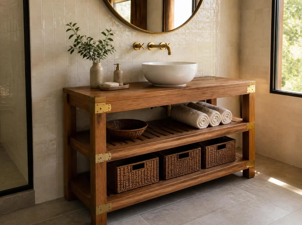 Mandvi vanity console in solid teak with brass fittings
