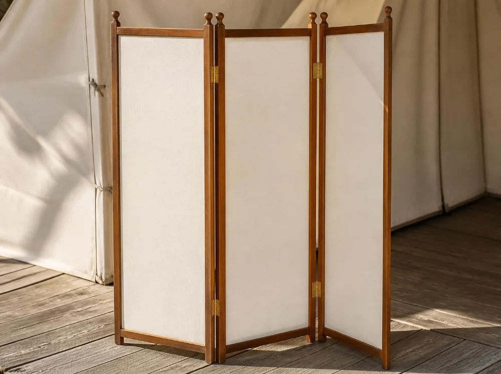 Orchha folding screen in solid teak with brass fittings