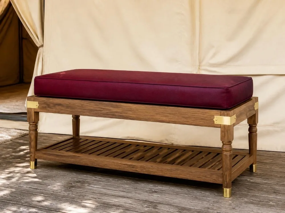 Pench campaign bench in solid teak with brass fittings