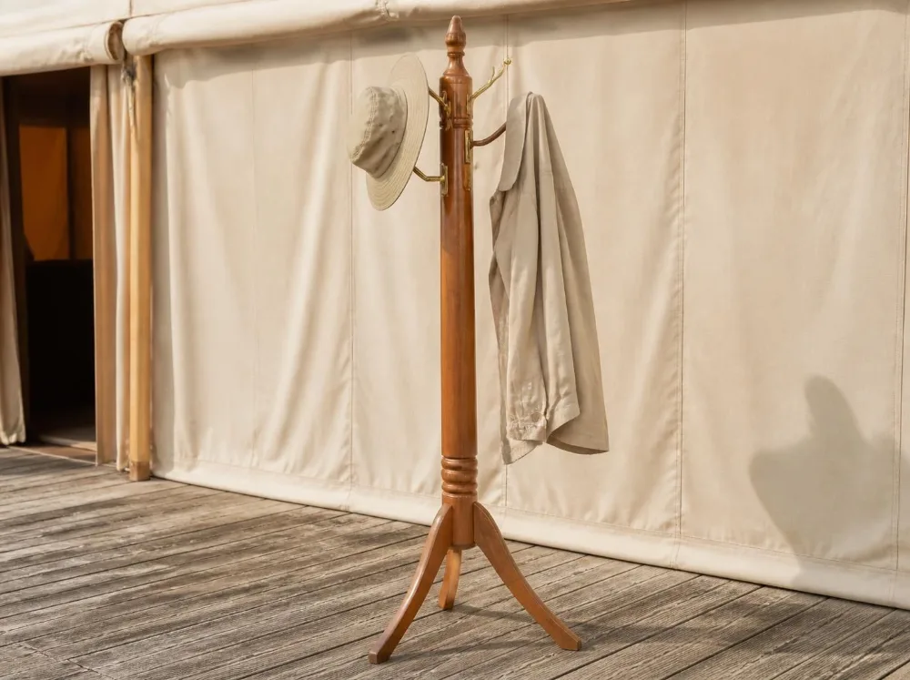 Pushkar coat stand in solid teak with brass fittings