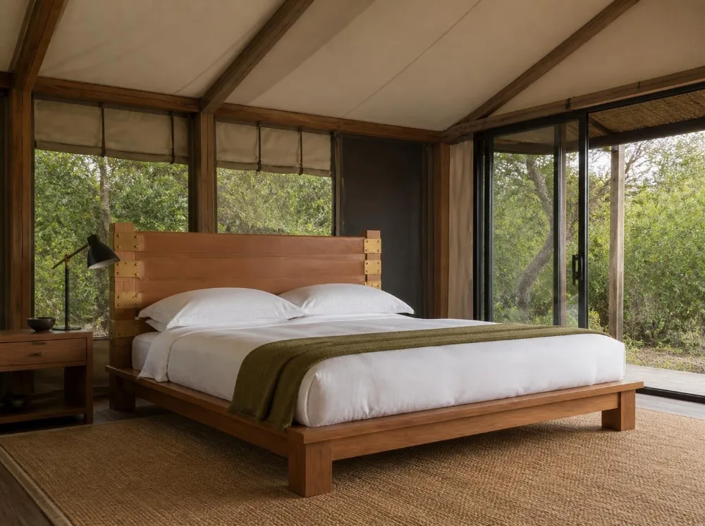 Ranikhet leather-strap bed in solid teak with brass fittings