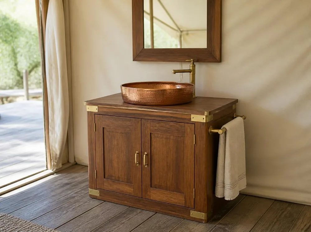 Rann vanity cabinet in solid teak with brass fittings