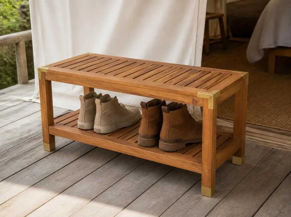 Sanchi shoe bench in solid teak with brass fittings