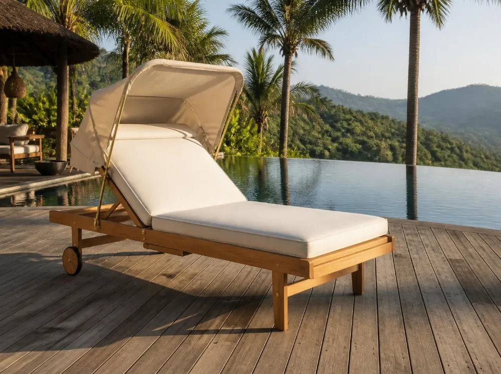 Varkala canopy sun lounger in solid teak with brass fittings