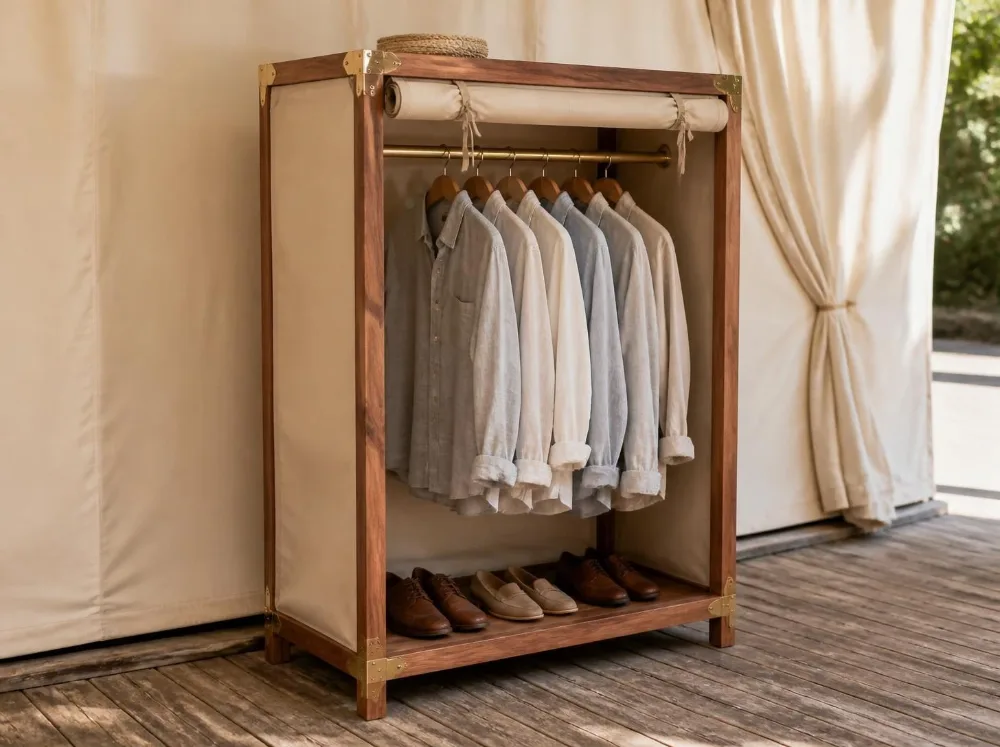 Zanskar tent wardrobe in solid teak with brass fittings